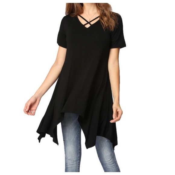 L’ Atelier Michelina Tops - Black Criss-Cross Flowy Top